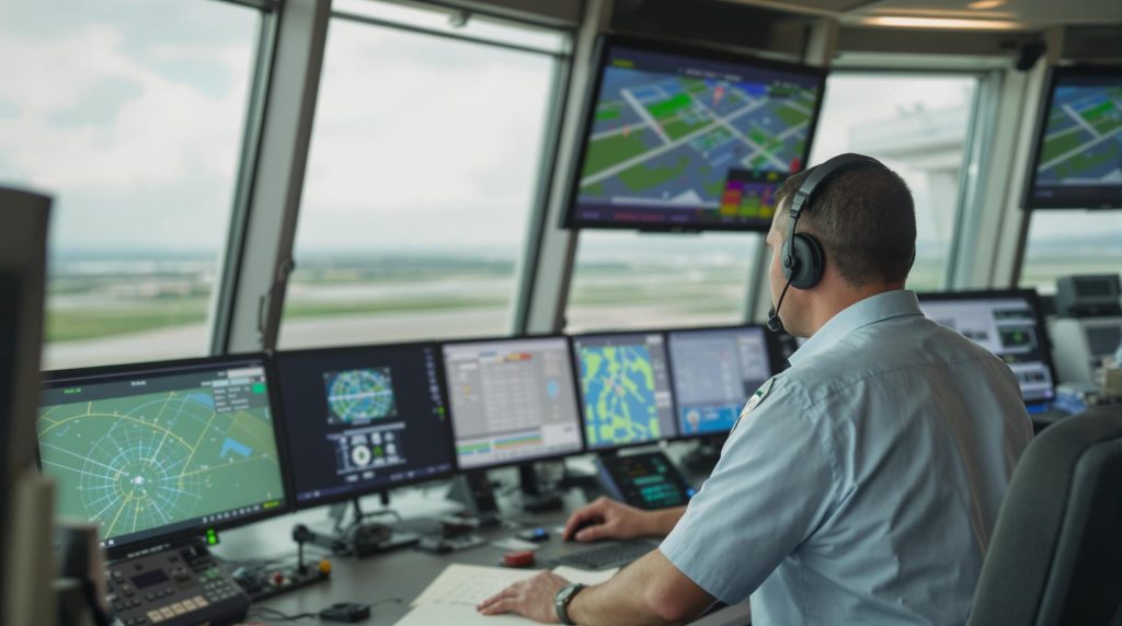 Un contrôleur aérien travaille dans une tour de contrôle avec plusieurs écrans affichant des informations de vol et de navigation.