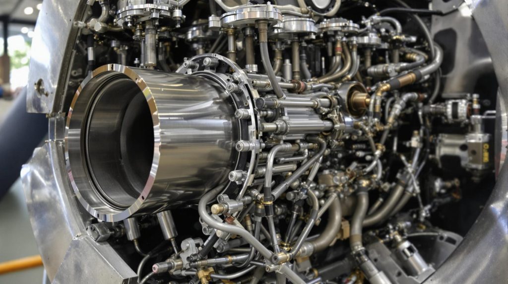 Gros plan d'un moteur d'avion complexe avec de nombreux tuyaux et composants métalliques.