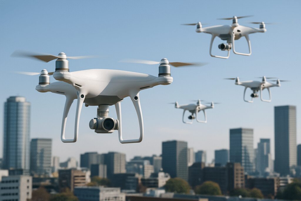 Drones volant au-dessus d'une ville dans un cadre professionnel