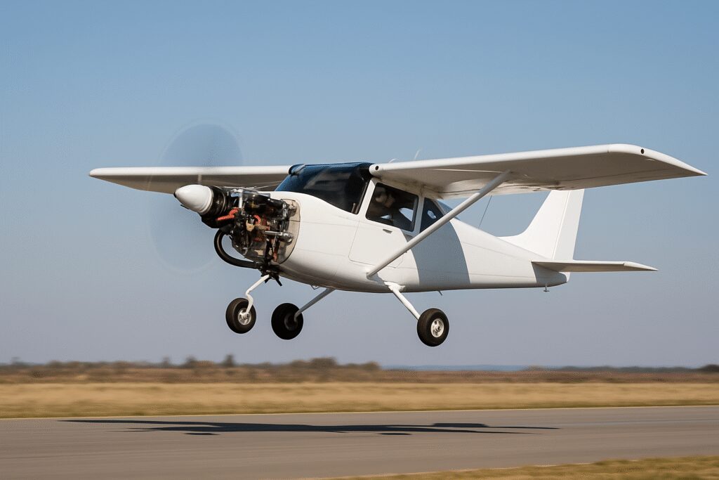 Avion léger en vol, motorisé par un moteur 4 temps, dans un ciel clair.