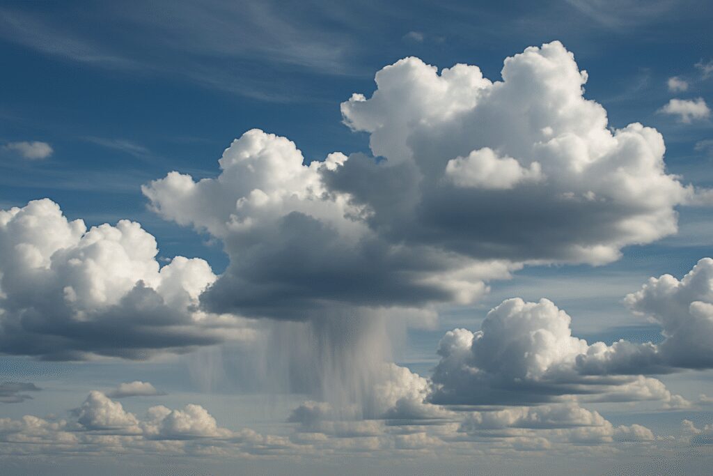 Ciel nuageux avec formation de virga et précipitations s'évaporant en altitude.