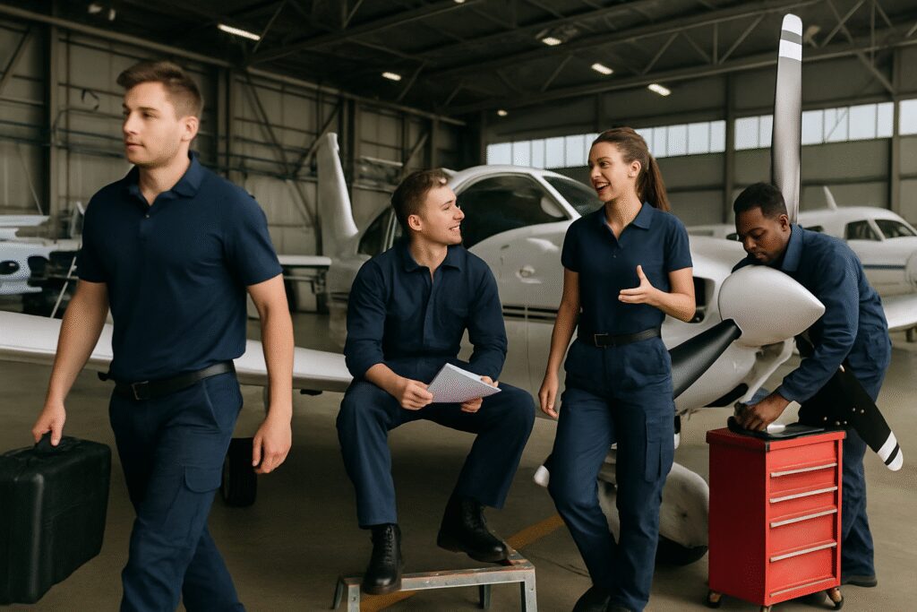 Jeunes professionnels de l’aéronautique dans un hangar avec des petits avions.