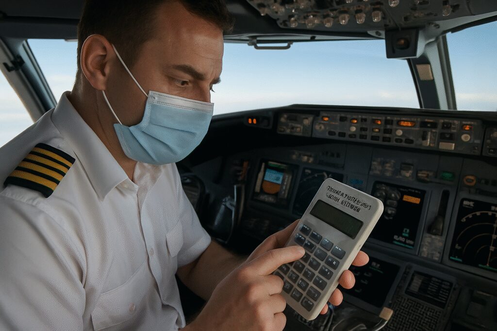 Pilote utilisant un calculateur de masse et centrage dans le cockpit d'un avion en plein jour