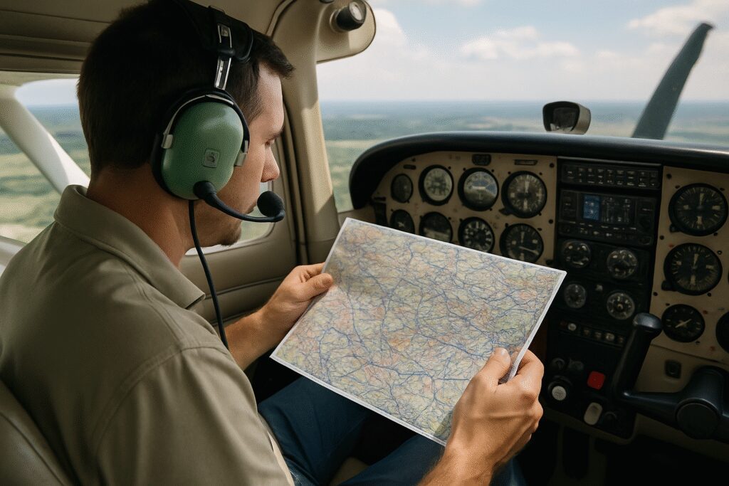Pilote étudiant une carte aéronautique dans le cockpit d'un avion léger