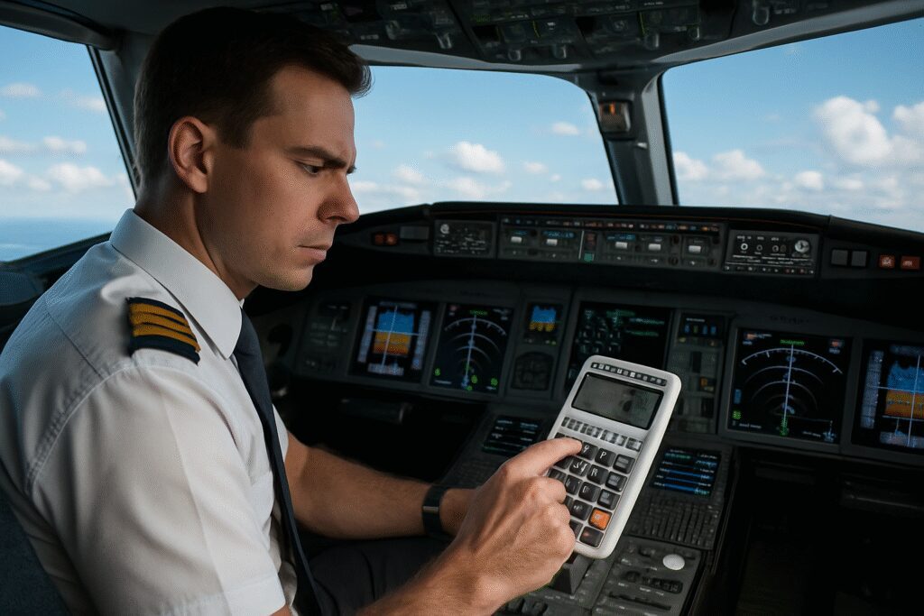 Pilote utilisant un convertisseur d'unités dans un cockpit d'avion moderne
