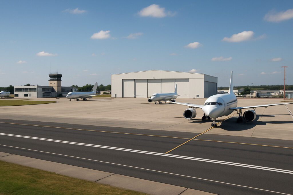 Vue aérienne réaliste d’un aérodrome civil avec pistes et infrastructures au sol.