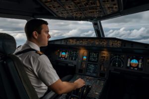 Cockpit d’avion en vol avec vues sur ciel nuageux, représentant une perturbation atmosphérique.