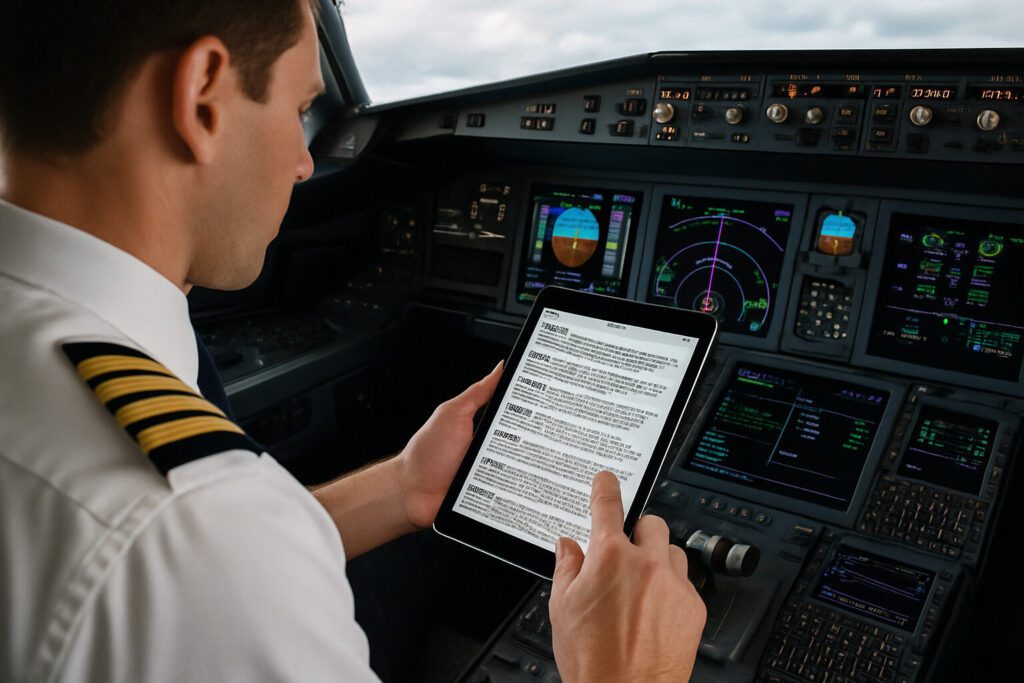 Pilote lisant les bulletins météo METAR et TAF dans son cockpit