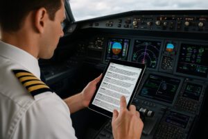 Pilote lisant les bulletins météo METAR et TAF dans son cockpit