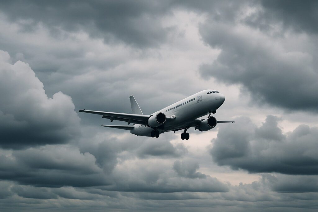 Avion volant sous un ciel nuageux montrant un front météorologique en formation.