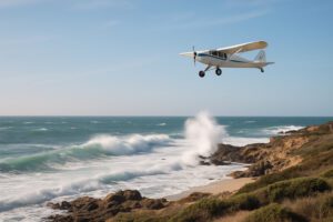 Vue d'une côte avec des vents marins légers, ciel clair et ambiance aéronautique