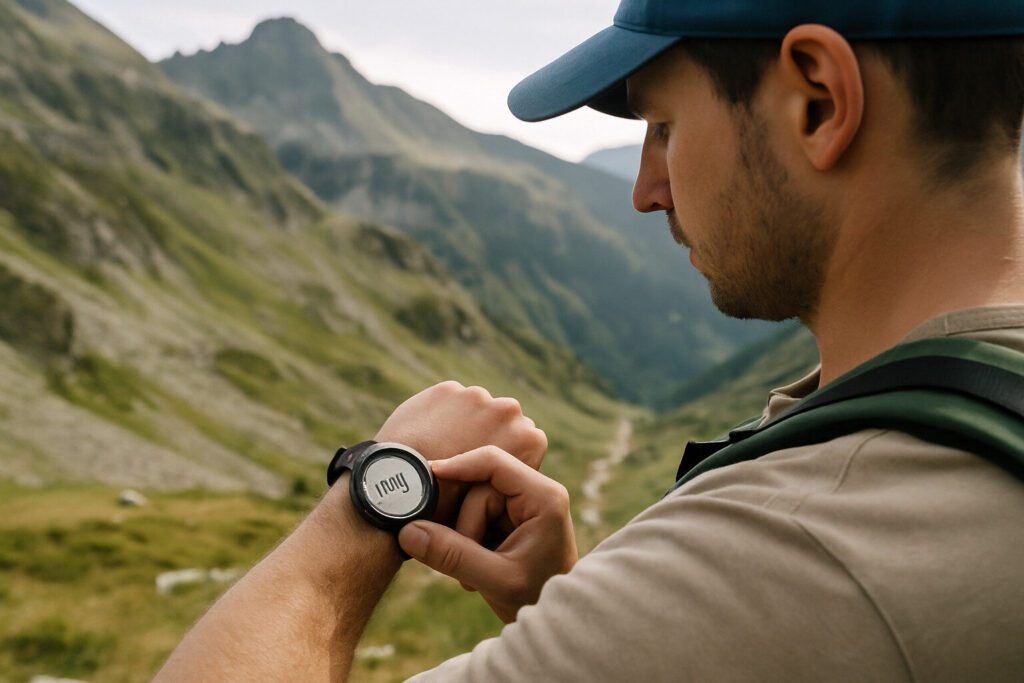 Un randonneur consulte un altimètre en pleine montagne