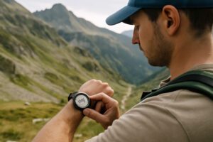 Un randonneur consulte un altimètre en pleine montagne