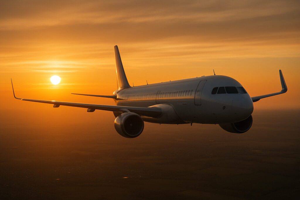 Avion moderne en vol au coucher du soleil dans un ciel dégagé.