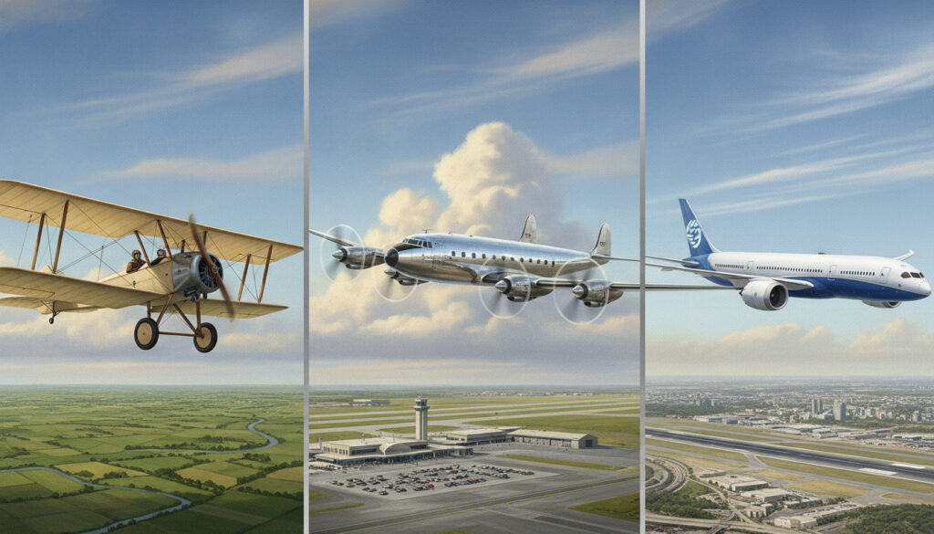 Triptyque biplan, avion à hélice et avion à réaction — l'aviation à travers l'histoire