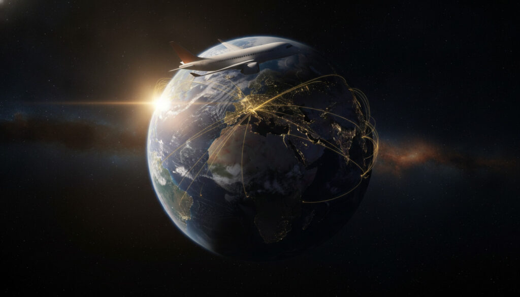 Avion de ligne au-dessus du globe avec routes de vol — impact de l'aviation sur le monde
